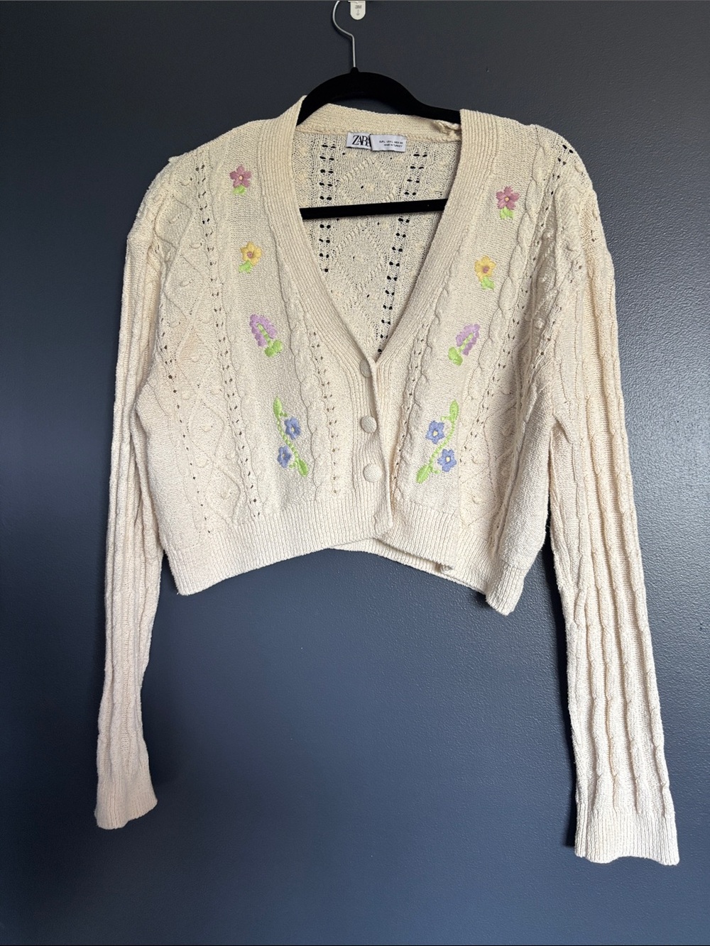 Zara Cream Cropped Cardigan with Pastel Floral Embroidery